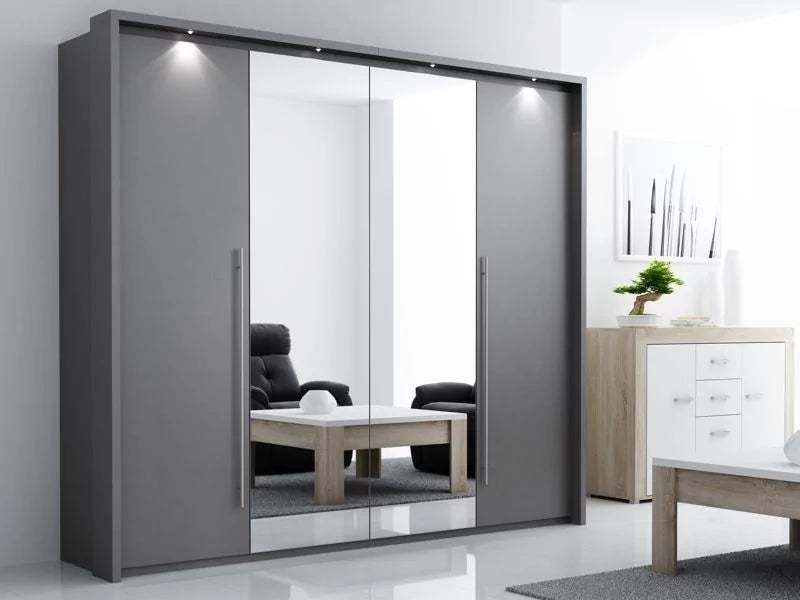 Kirklees Swinging Doors Wardrobe with Mirror - 256cm Grey