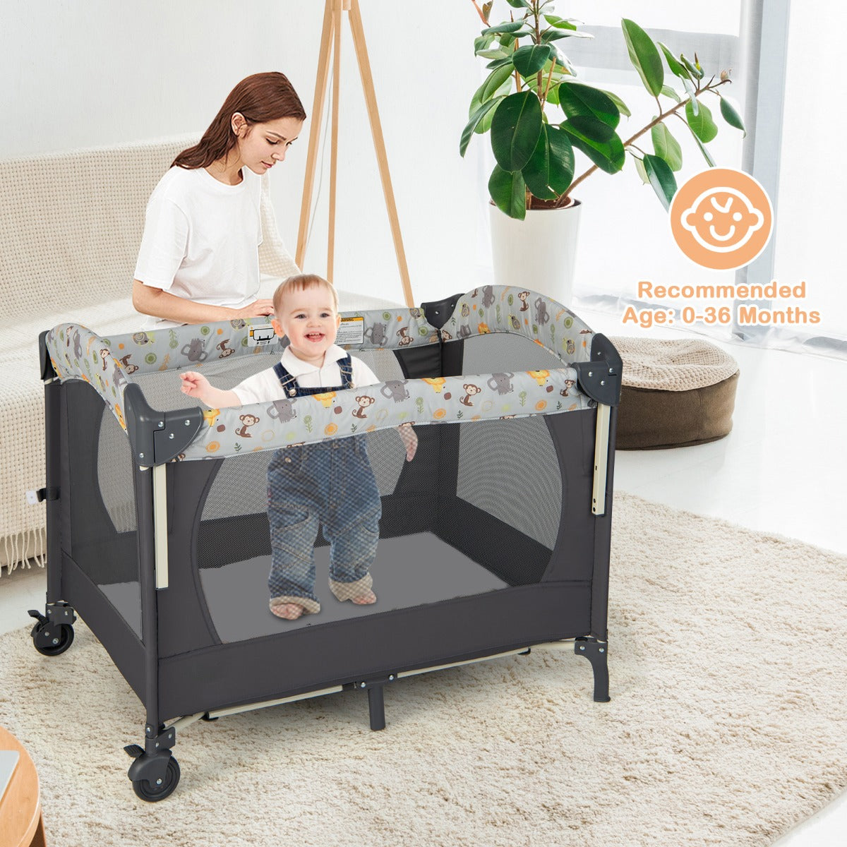 3-in-1 Foldable Baby Travel Cot with Changing Tab and Mattress-Dark Grey