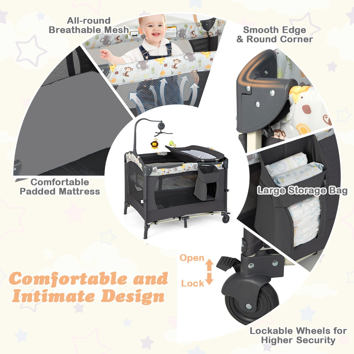 3-in-1 Foldable Baby Travel Cot with Changing Tab and Mattress-Dark Grey
