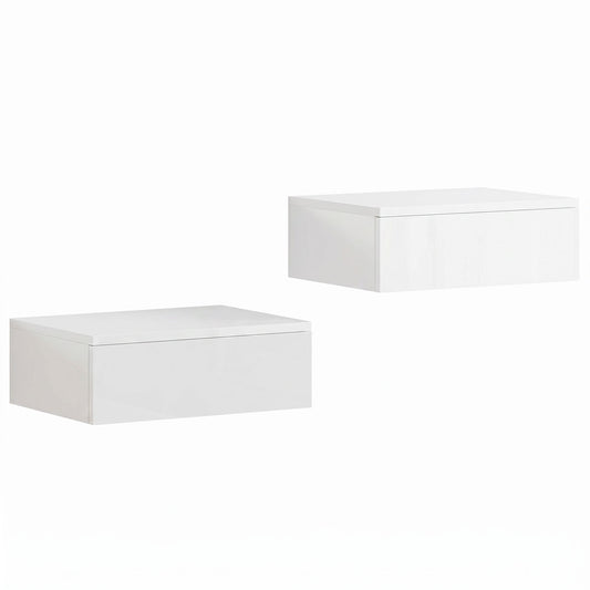 HOMCOM Floating Bedside Table Set of 2, Wall-Mounted Nightstand with High Gloss Finish & Storage Drawer, White