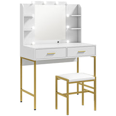 HOMCOM Dressing Table with Lighted Mirror, Cushioned Stool, Drawers, Shelves, LED Makeup Vanity Desk Set, Modern Dresser Vanity Table for Bedroom, White