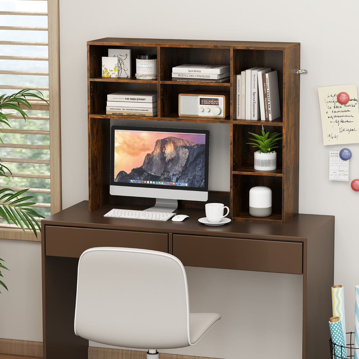 Desktop Bookshelf with 3 Adjustable Shelves and Open Compartment-Rustic Brown