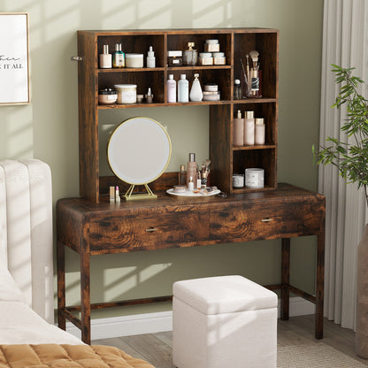 Desktop Bookshelf with 3 Adjustable Shelves and Open Compartment-Rustic Brown