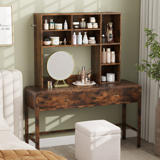 Desktop Bookshelf with 3 Adjustable Shelves and Open Compartment-Rustic Brown