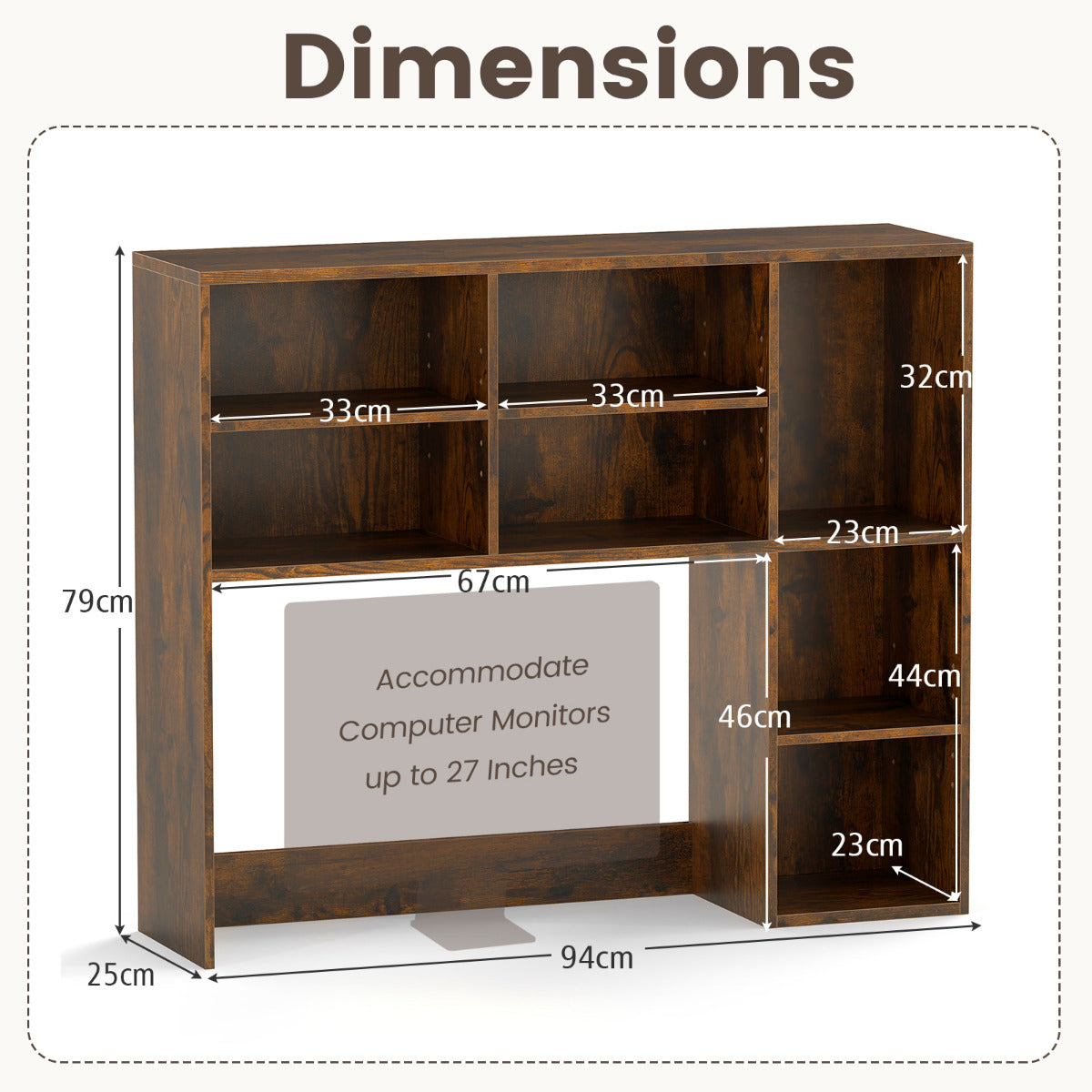 Desktop Bookshelf with 3 Adjustable Shelves and Open Compartment-Rustic Brown