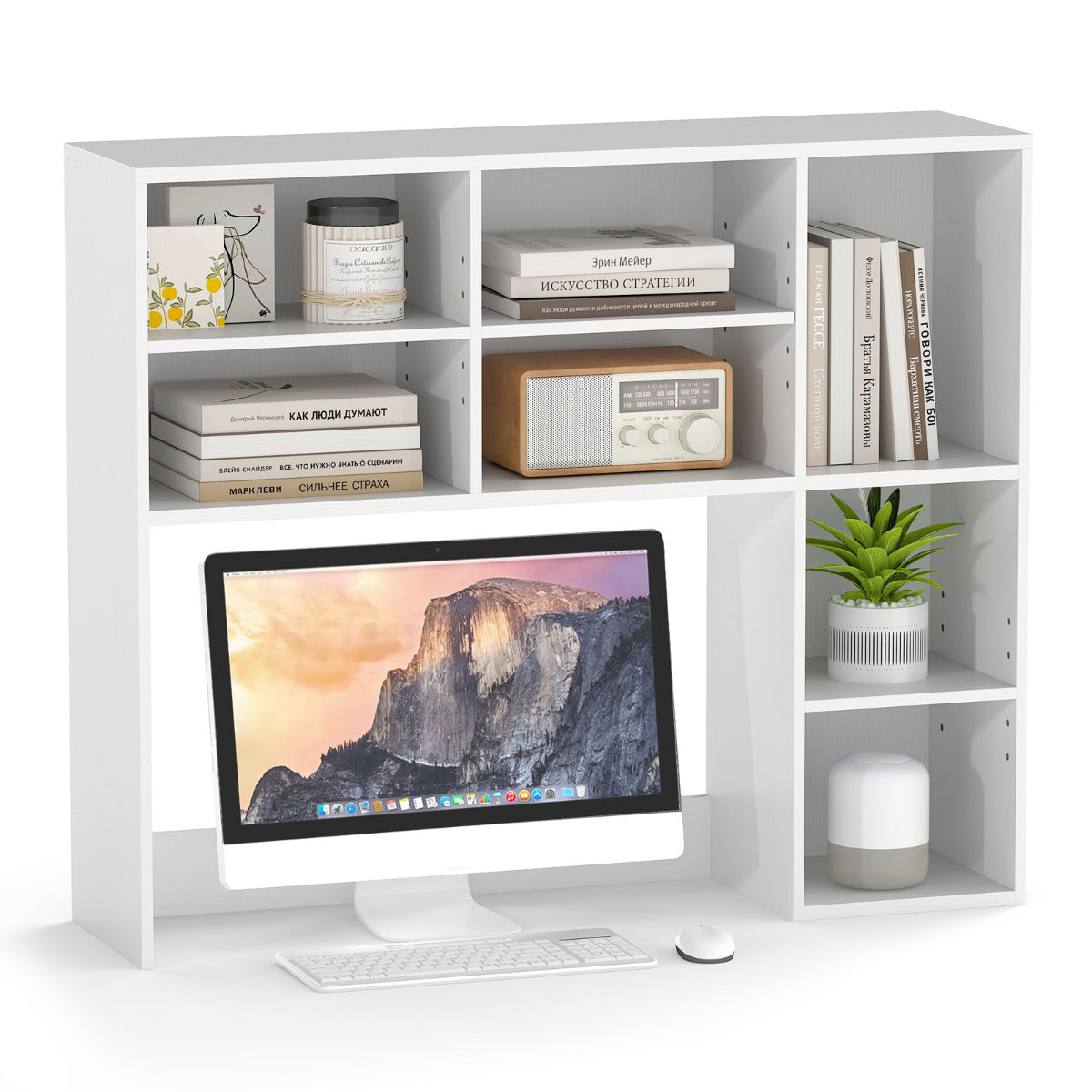 Desktop Bookshelf with 3 Adjustable Shelves and Open Compartment-White