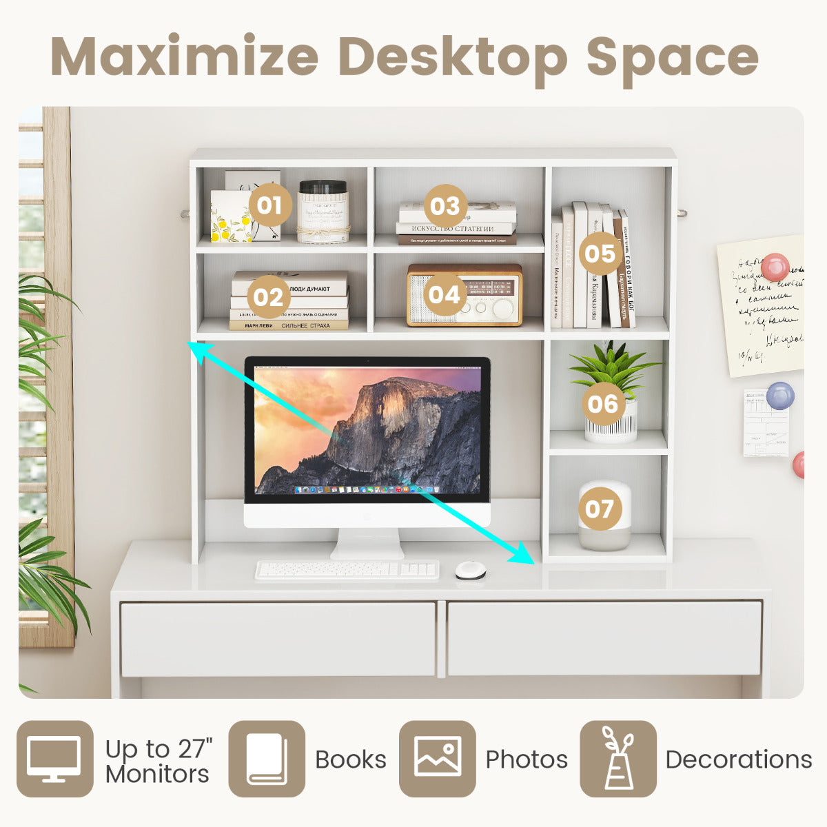 Desktop Bookshelf with 3 Adjustable Shelves and Open Compartment-White