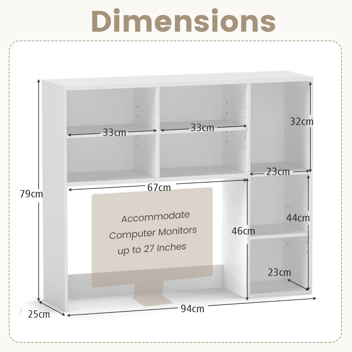 Desktop Bookshelf with 3 Adjustable Shelves and Open Compartment-White