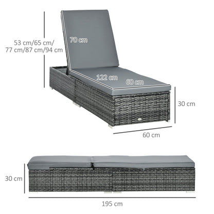 طقم كراسي استلقاء للتشمس من الروطان من Outsunny مكون من قطعتين مع وسادة، أثاث كرسي استلقاء للتشمس في الهواء الطلق مكون من قطعتين مع مسند ظهر قابل للإمالة بخمسة مستويات، كرسي سرير من الخيزران قابل للإمالة في الفناء، باللون الرمادي