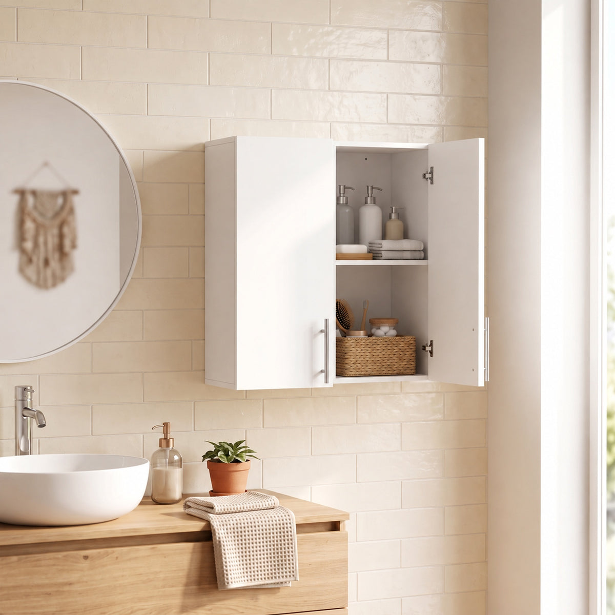 HOMCOM Bathroom Wall Cabinet, Wall-Mounted Bathroom Storage Cabinet with 2 Doors, Adjustable Shelf for Kitchen, White