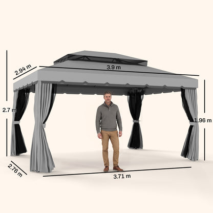 Outsunny 3 x 4m Aluminium Garden Gazebo, Marquee Canopy Shelter Pavilion Party Tent with Nets and Curtains for Garden and Deck, Light Grey