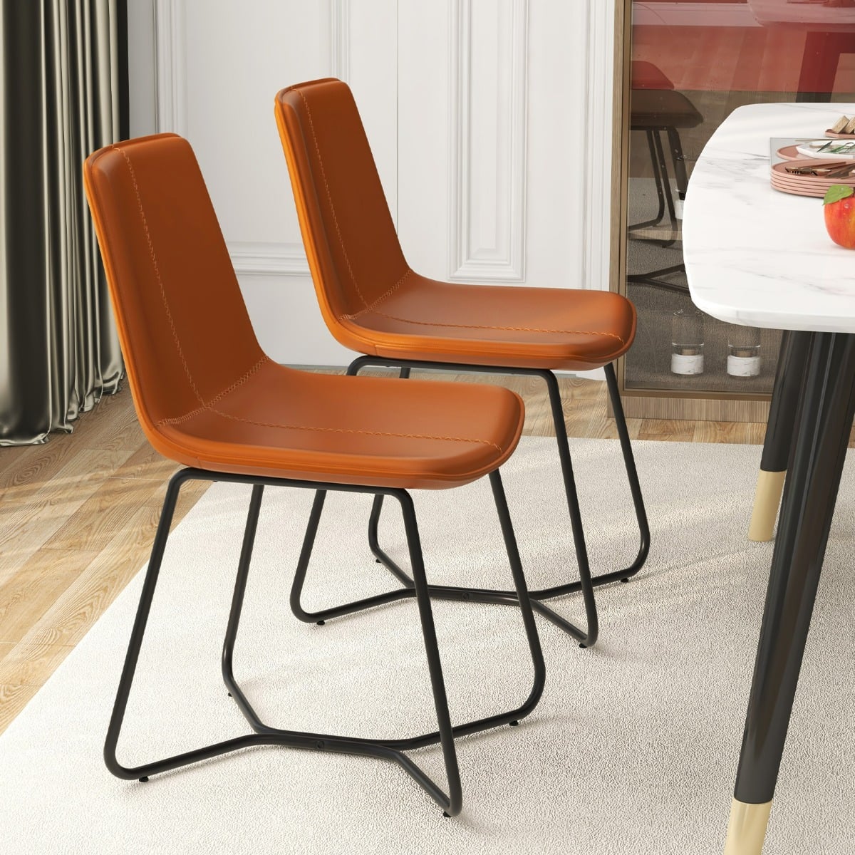 Dining Chair Set of 2 with Metal Legs and Vintage Stitching-Brown