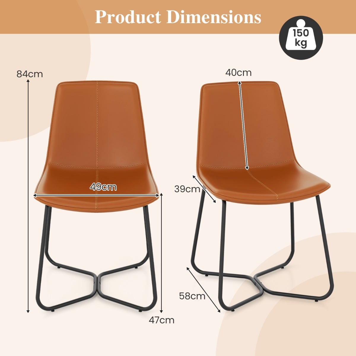 Dining Chair Set of 2 with Metal Legs and Vintage Stitching-Brown