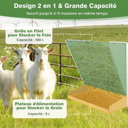 Wall-Mounted Hay Rack with Trough 2-in-1 Feeder with Adjustable Hooks-Silver