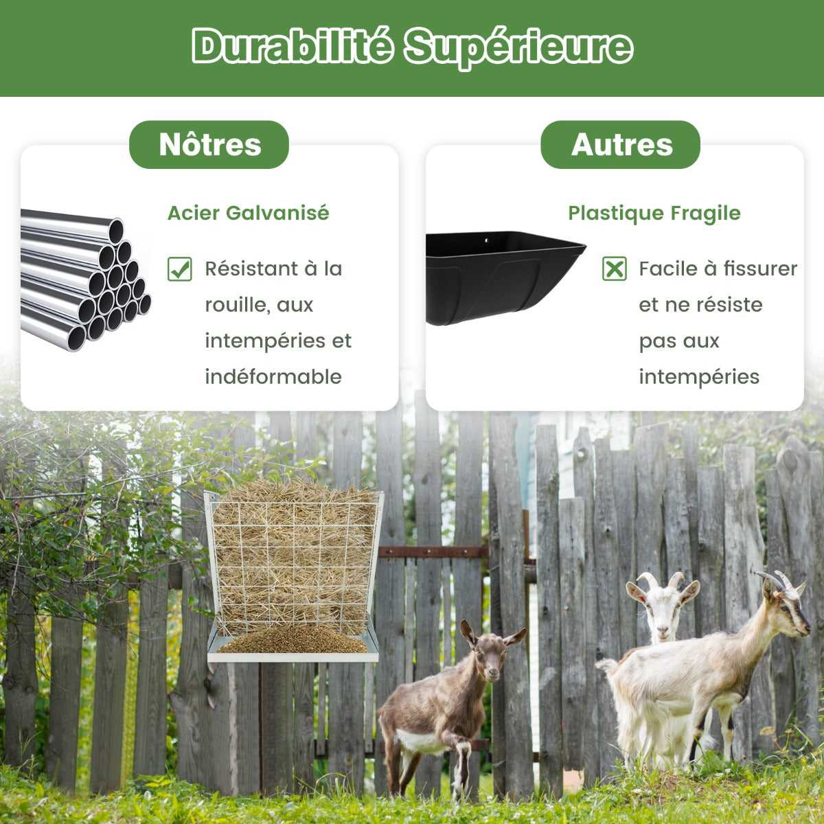 Wall-Mounted Hay Rack with Trough 2-in-1 Feeder with Adjustable Hooks-Silver