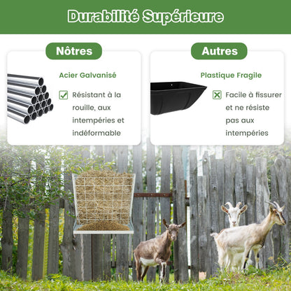 Wall-Mounted Hay Rack with Trough 2-in-1 Feeder with Adjustable Hooks-Silver