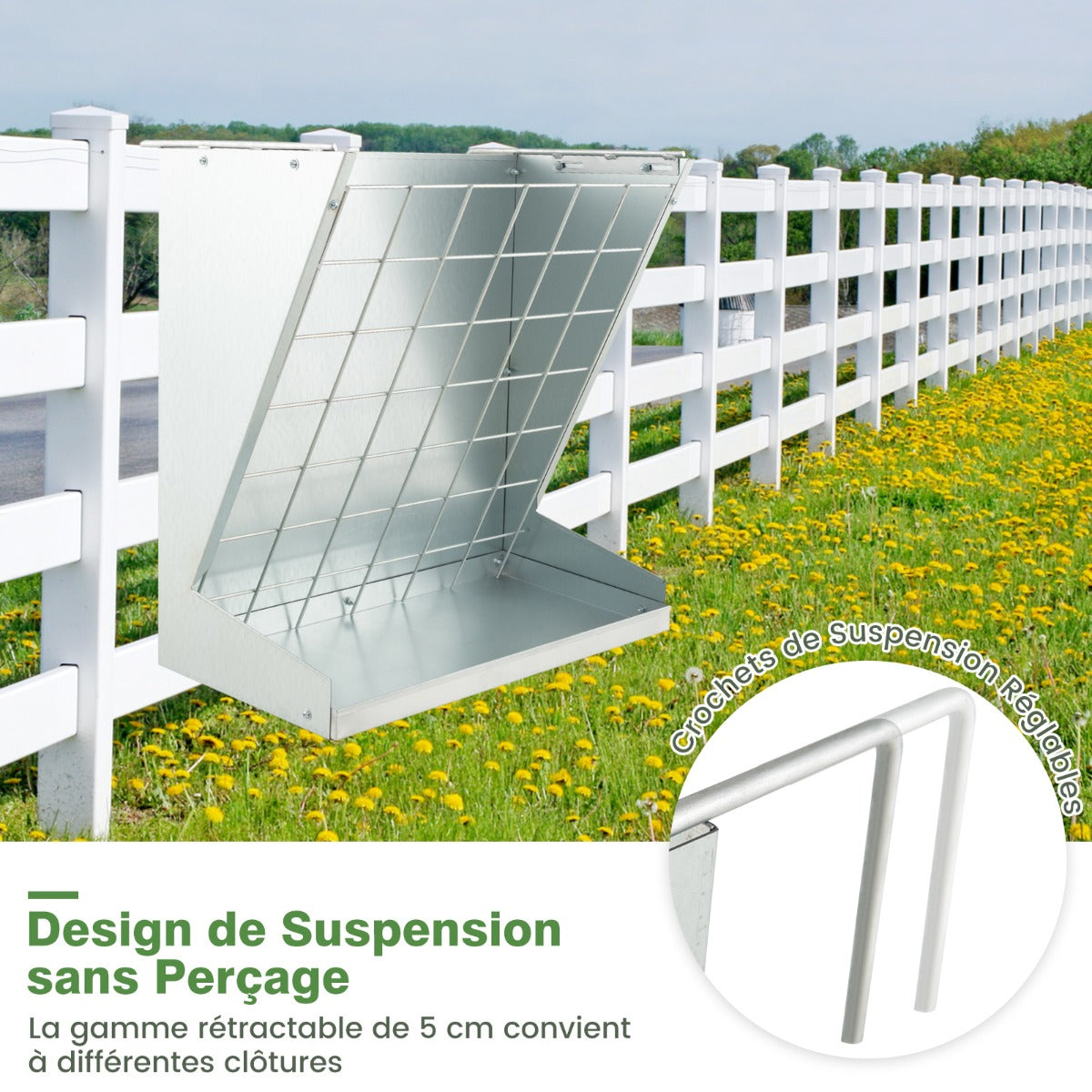 Wall-Mounted Hay Rack with Trough 2-in-1 Feeder with Adjustable Hooks-Silver