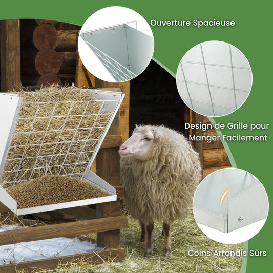 Wall-Mounted Hay Rack with Trough 2-in-1 Feeder with Adjustable Hooks-Silver