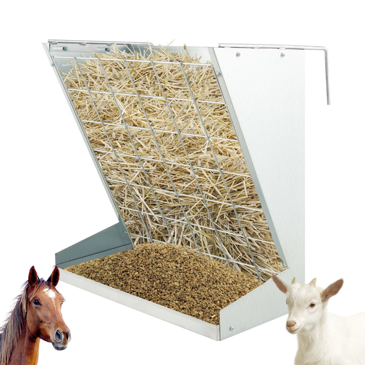 Wall-Mounted Hay Rack with Trough 2-in-1 Feeder with Adjustable Hooks-Silver
