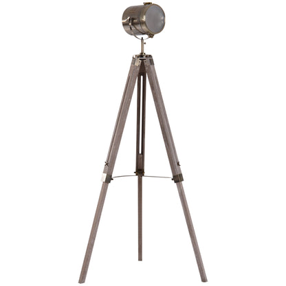 HOMCOM Industrial Tripod Floor Lamp, Nautical Searchlight with Adjustable Height, Wood Legs, E14 Lamp Base for Living Room, Bedroom, Grey and Bronze