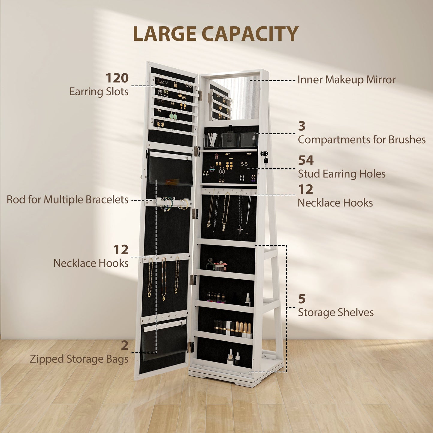 HOMCOM 360 Swivel Jewellery Cabinet, Free Standing Full Length Mirror with Storage, Lockable Jewellery Organiser with Built-in Makeup Mirror and Storage Shelves for Bedroom, White