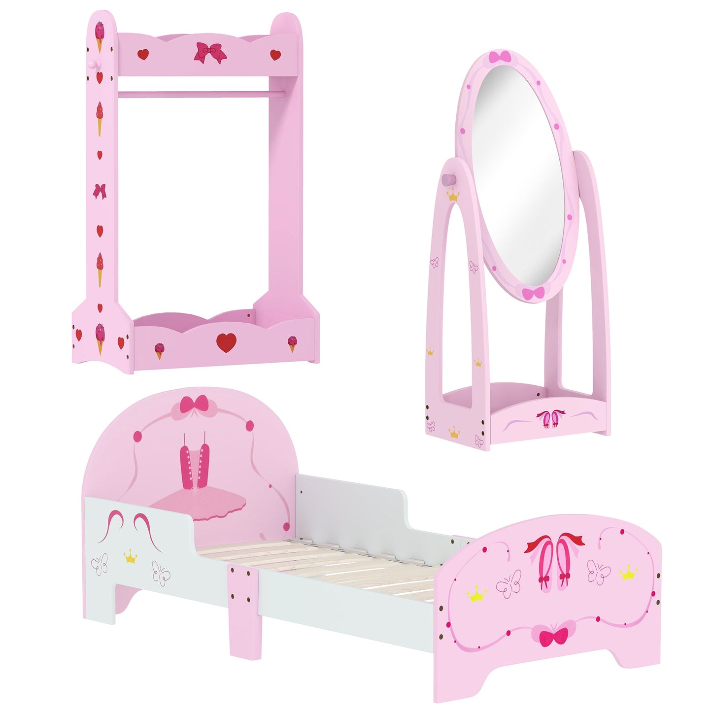 AIYAPLAY Kids Bed with Safety Rails, Kids Clothes Rail, Kids Full Length Mirror, 3 Piece Kids Furniture Set for Bedroom, Pink