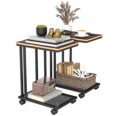 HOMCOM C Shaped Side Table Set of 2 with Wheels, Mobile End Table, Laptop Stand with Metal Frame and Storage Shelf, Rustic Brown