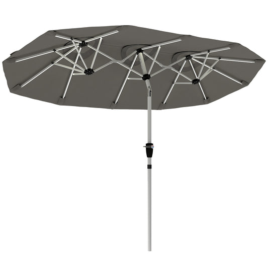 Outsunny 3 m Double-Sided Garden Parasol with LED Solar Lights, Tilt, Outdoor Extra Large Sun Umbrella with Crank Handle, Grey