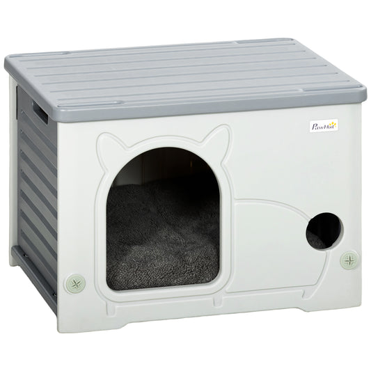 PawHut Cat House Stackable Pet Shelter with Removable Cushion for Indoor Outdoor Use Grey