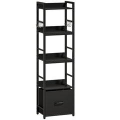 HOMCOM 4-Tier Bookshelf, Narrow Bookcase with Drawer, 8 Hooks, Metal Frame, Black