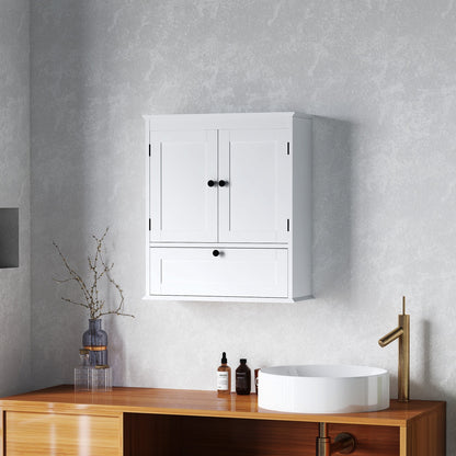 HOMCOM Bathroom Wall Cabinet with Adjustable Shelf and Recessed Doors, White