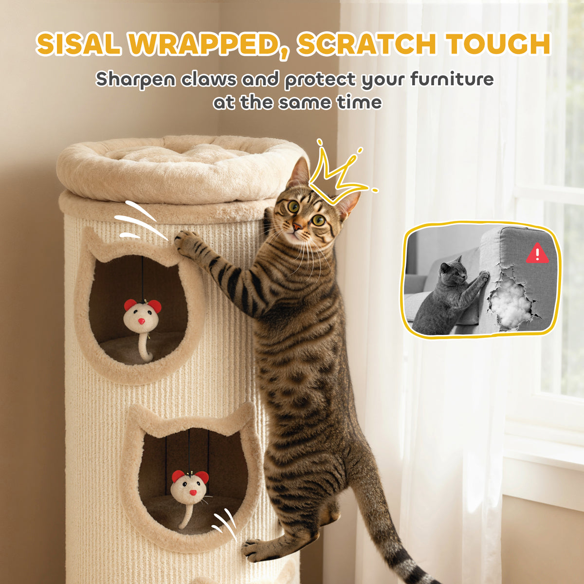 PawHut 3-Tier Cat House for Indoor Kittens, Cat Cave Bed with Scratching Pad, Plush Edge, Removable Plush Bed, 3 Dangling Mice