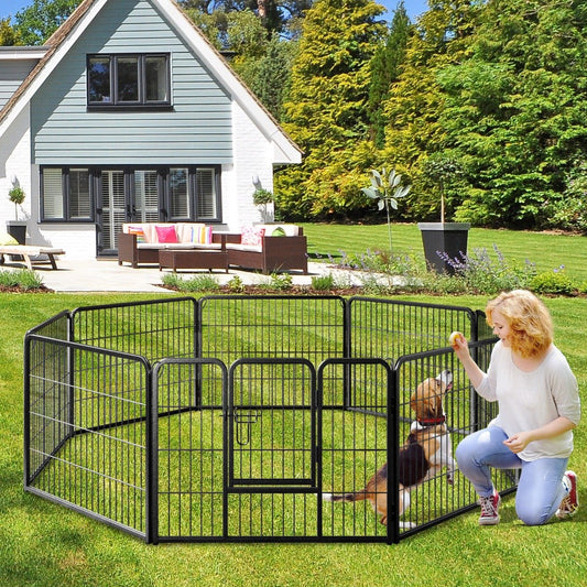 8 Panel 60cm/80cm Height Pen Fence with Lock and Large Door-Black-60 cm