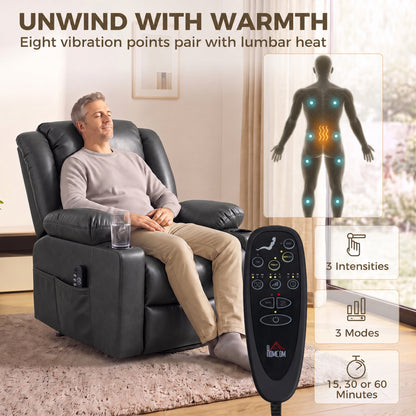 HOMCOM Riser Recliner Chair with Massage and Heat for Elderly, PU Leather Power Electric Lift Armchair, Cup Holders, Dark Grey