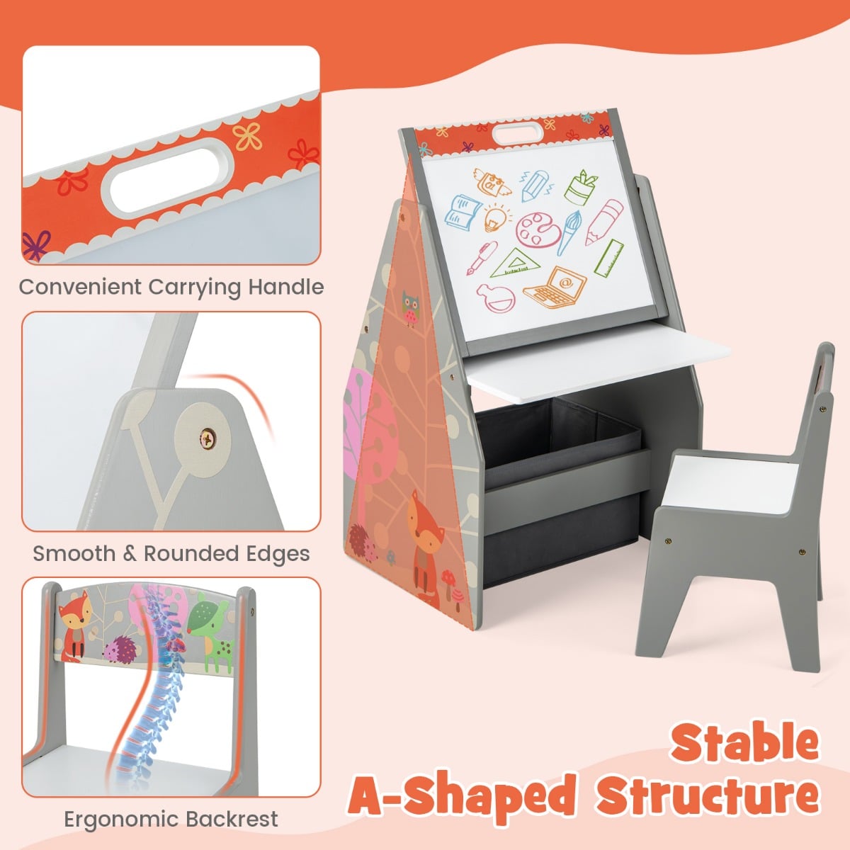 Double-Sided Kids Art Easel and Play Station for Boys Girls-Grey