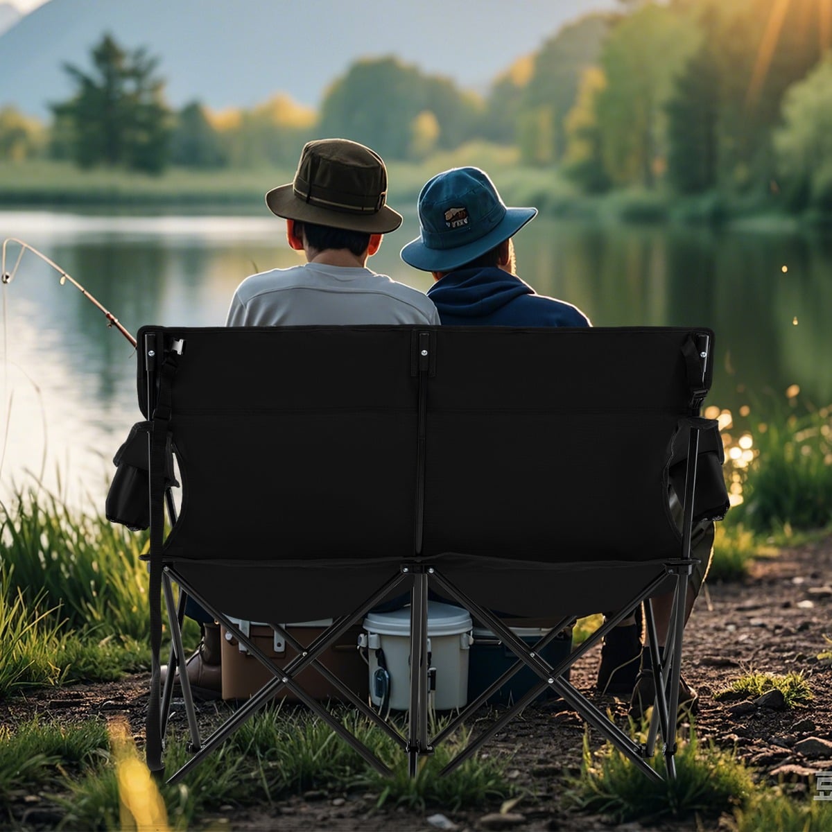 Double Camping Chair with Cup Holders and Carrying Bag-Black