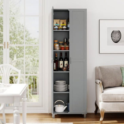 Double Door Tall Storage Cabinet with Adjustable Shelf and Anti-tilt Design-Grey