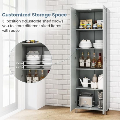 Double Door Tall Storage Cabinet with Adjustable Shelf and Anti-tilt Design-Grey