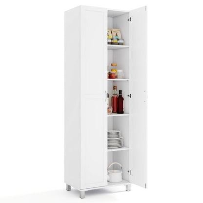 Double Door Tall Storage Cabinet with Adjustable Shelf and Anti-tilt Design-White