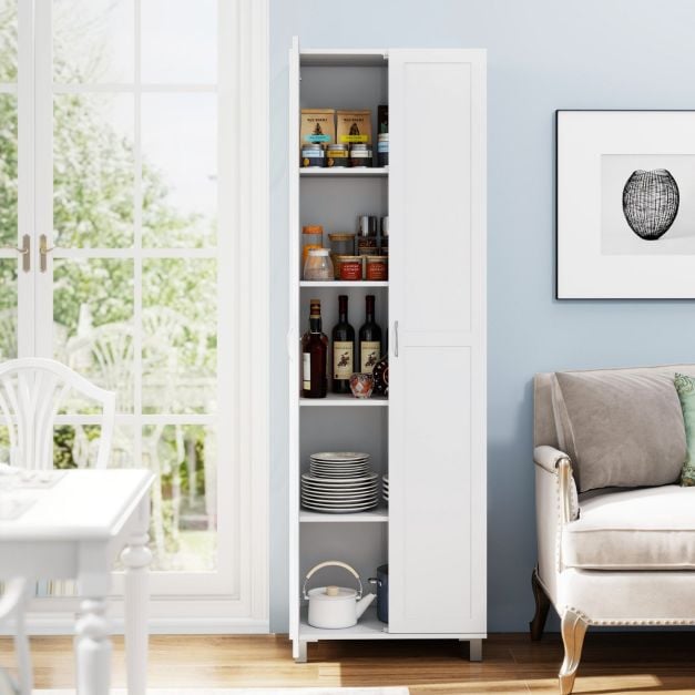 Double Door Tall Storage Cabinet with Adjustable Shelf and Anti-tilt Design-White