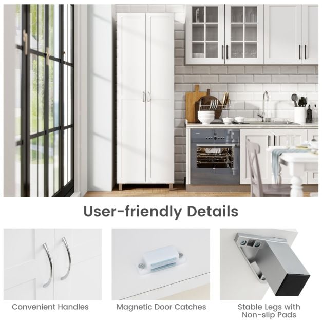 Double Door Tall Storage Cabinet with Adjustable Shelf and Anti-tilt Design-White