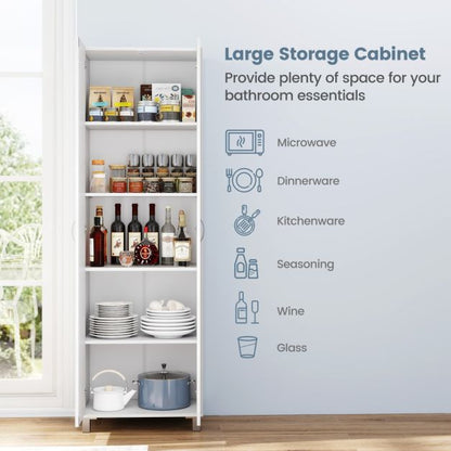 Double Door Tall Storage Cabinet with Adjustable Shelf and Anti-tilt Design-White