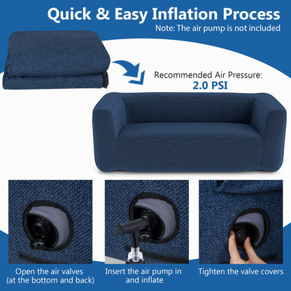 Double Inflatable Couch Portable Blow Up Sofa with Detachable Cover-Blue