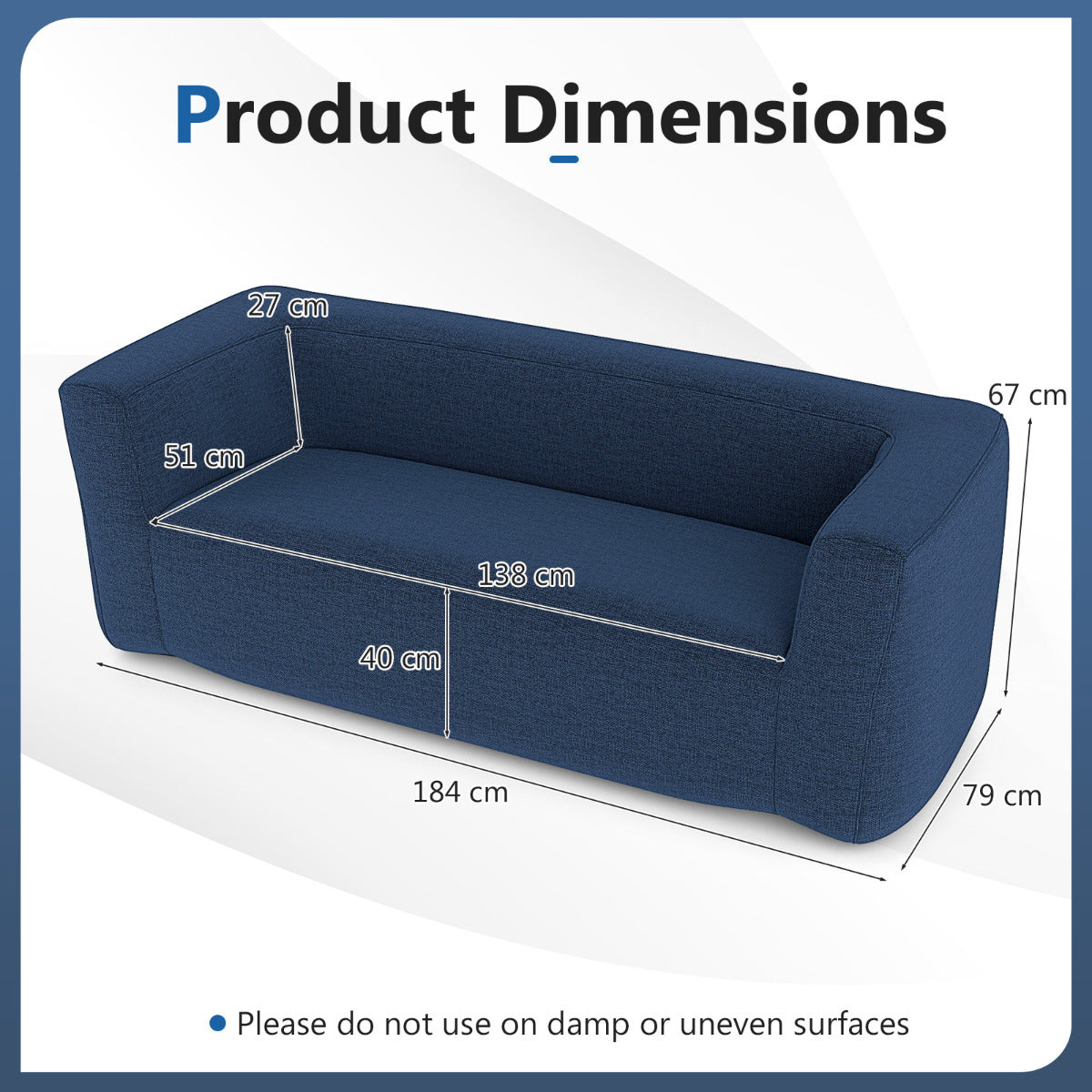 Double Inflatable Couch Portable Blow Up Sofa with Detachable Cover-Blue