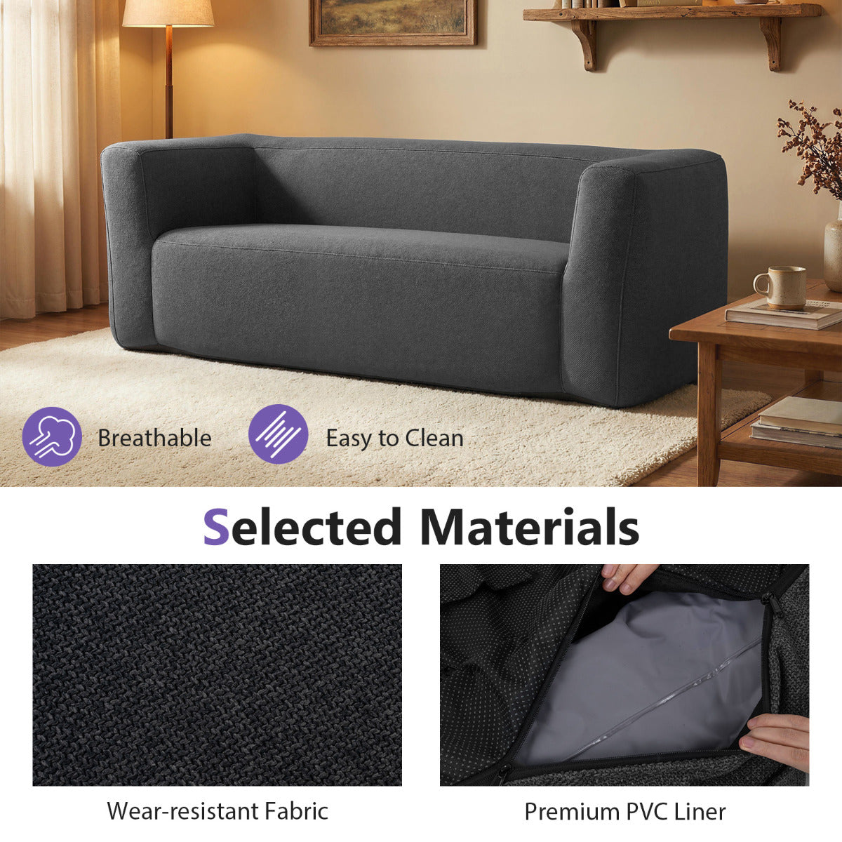 Double Inflatable Couch Portable Blow Up Sofa with Detachable Cover-Grey