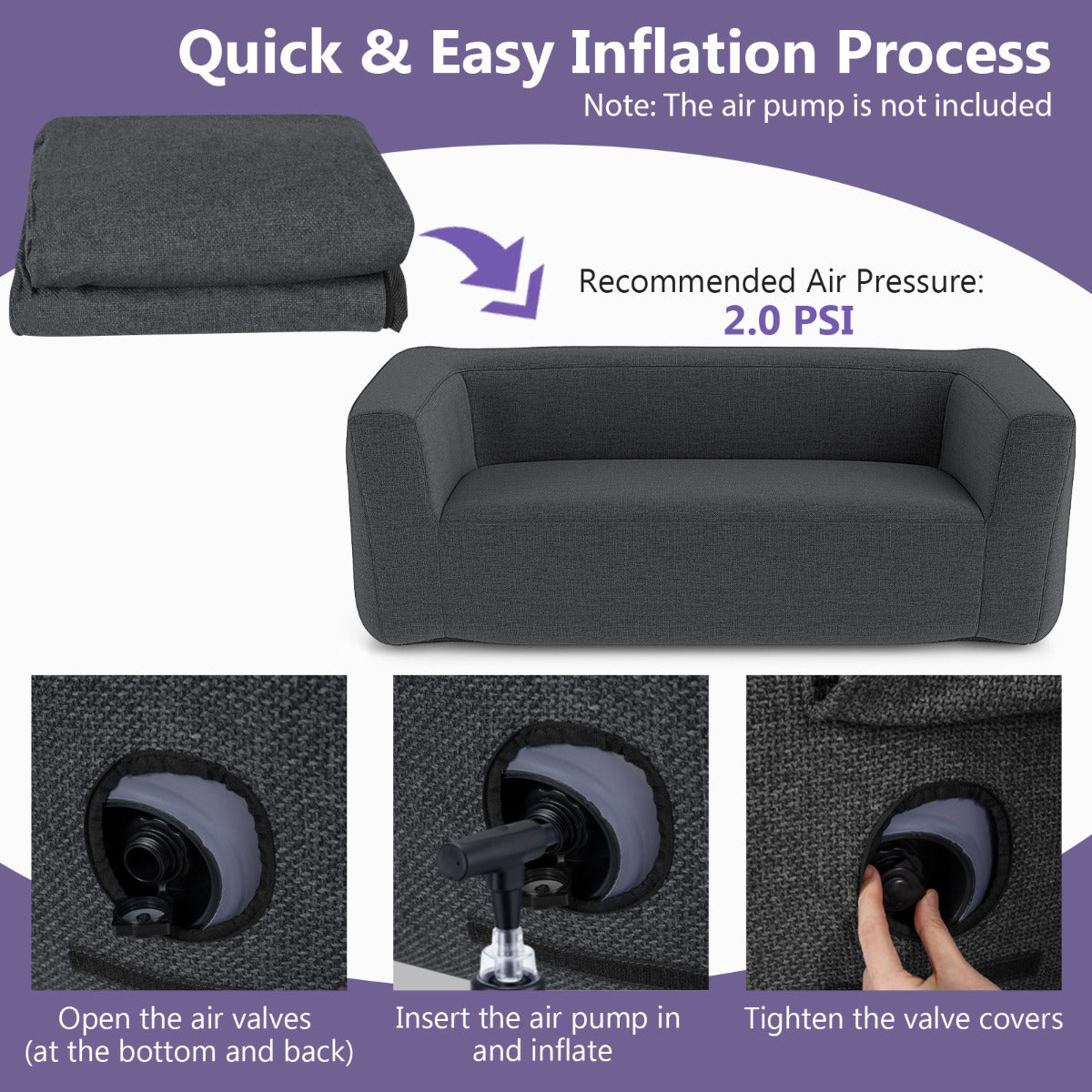 Double Inflatable Couch Portable Blow Up Sofa with Detachable Cover-Grey