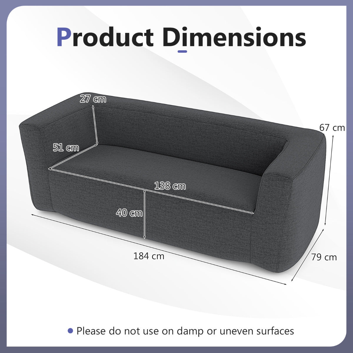Double Inflatable Couch Portable Blow Up Sofa with Detachable Cover-Grey