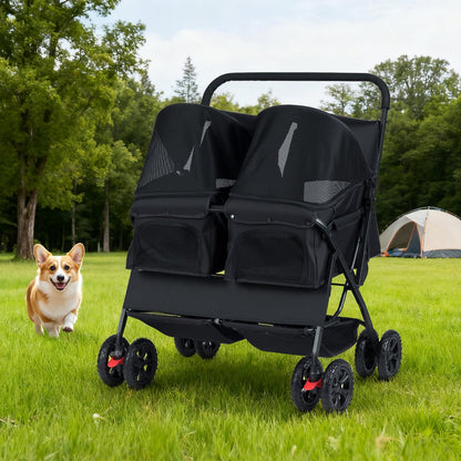 Double Pet Stroller Foldable Twin Dog Walk Jogger with 2-seater Carrier-Black