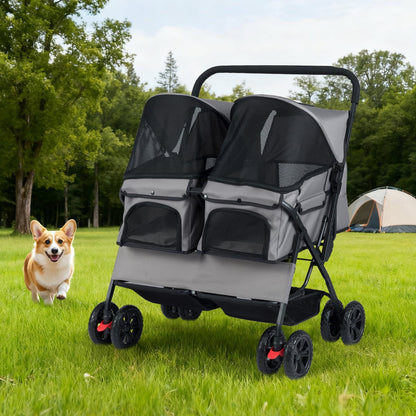 Double Pet Stroller Foldable Twin Dog Walk Jogger with 2-seater Carrier-Grey