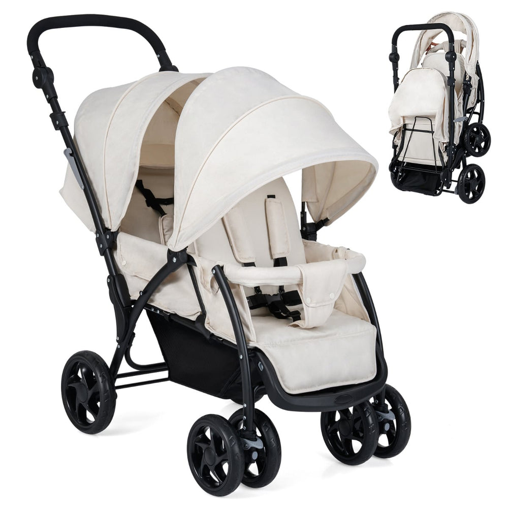 Double Pushchair with Adjustable Backrest and Sunshade-Beige